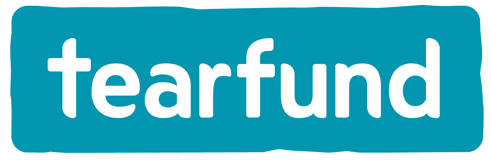 Teal blue background with the word 'tearfund'