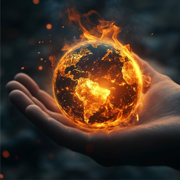 Hand holding a globe covered in flames.