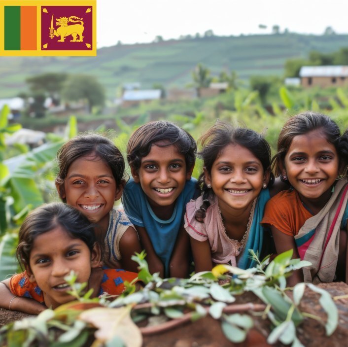 Group of children smiling at camera Sri Lanka flag in upper left corner