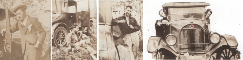 Four black and white images from early 1900s of a man traveling